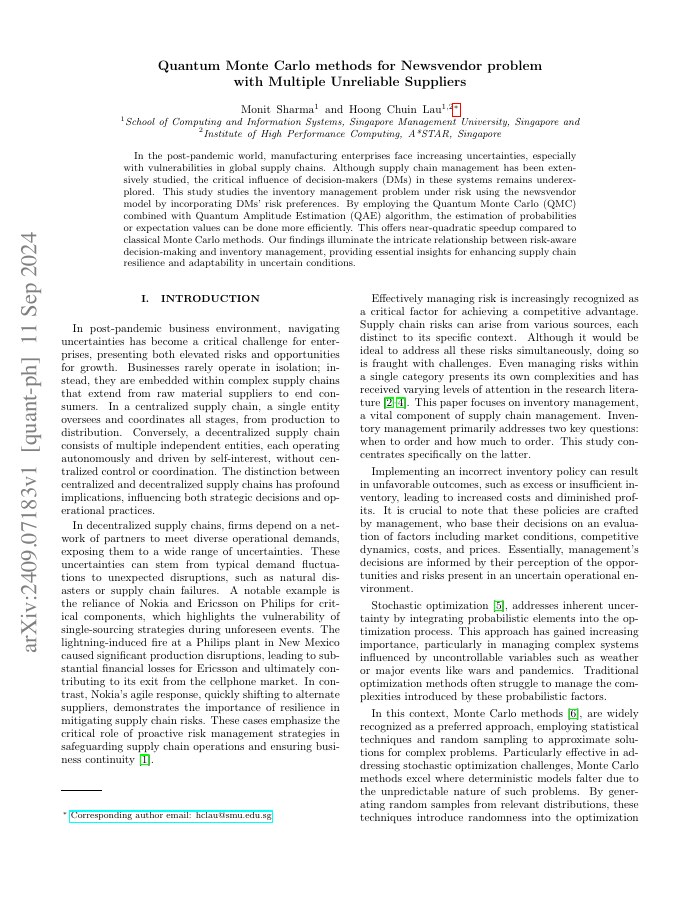 First page of Quantum Monte Carlo Methods for Newsvendor Problem with Multiple Unreliable Suppliers