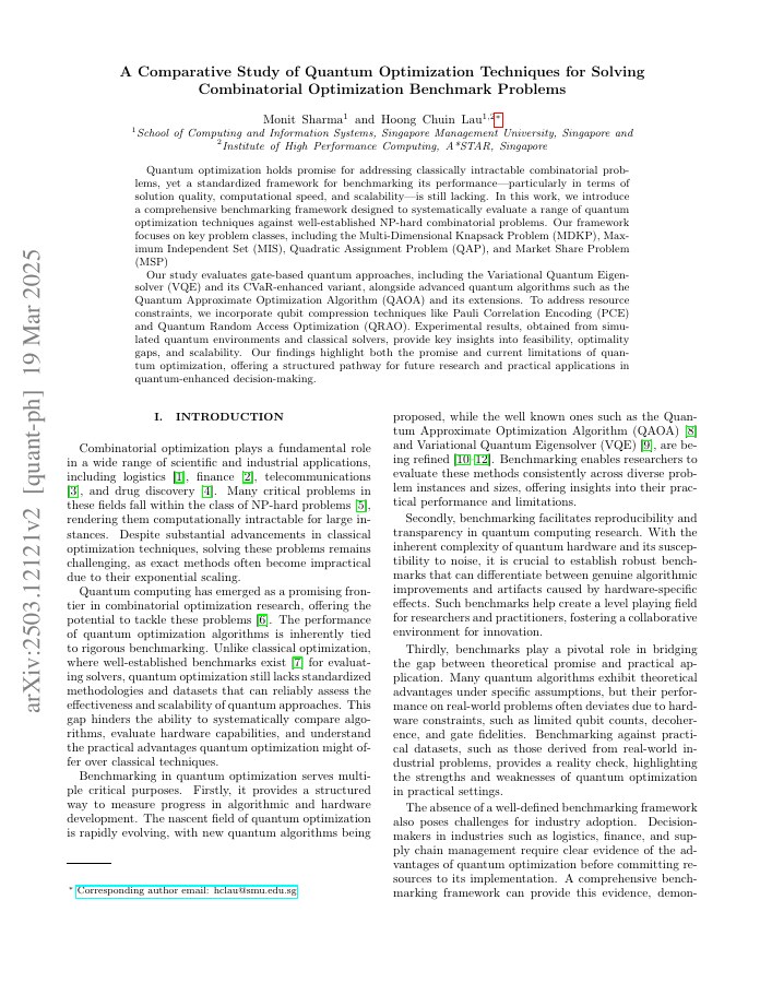 First page of A Comparative Study of Quantum Optimization Techniques for Solving Combinatorial Optimization Benchmark Problems