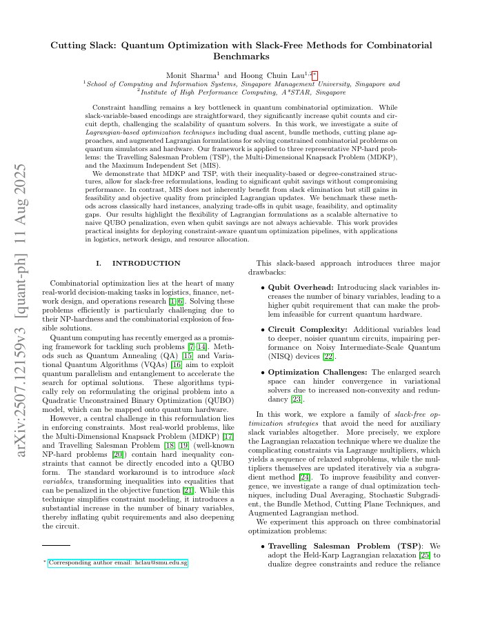 First page of Cutting Slack: Quantum Optimization with Slack-Free Methods for Combinatorial Benchmarks