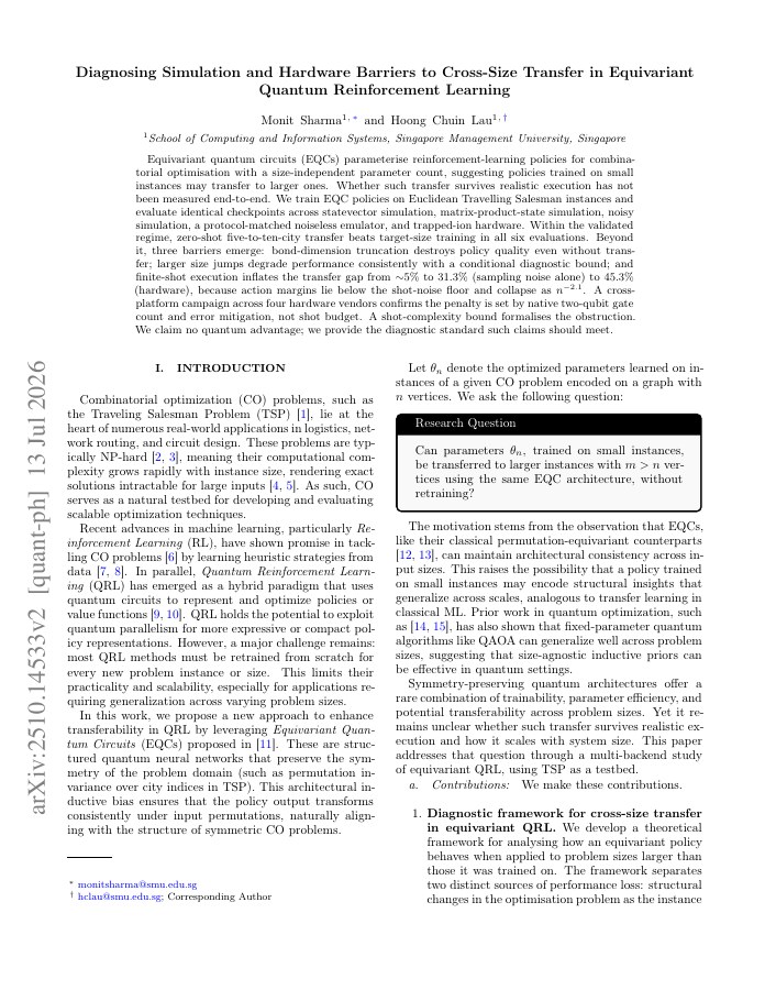 First page of Diagnosing Simulation and Hardware Barriers to Cross-Size Transfer in Equivariant Quantum Reinforcement Learning
