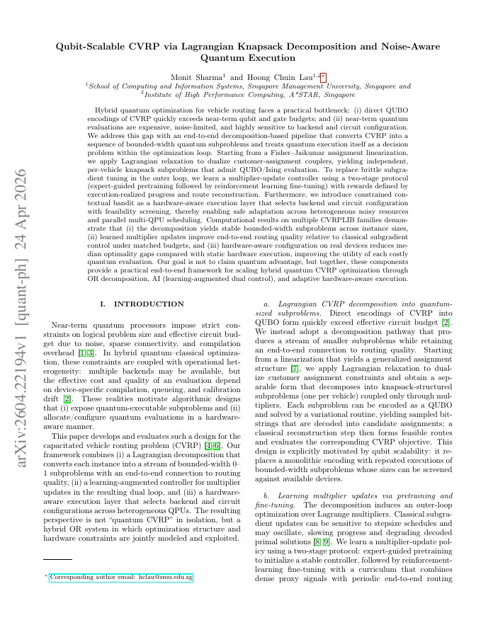 First page of Qubit-Scalable CVRP via Lagrangian Knapsack Decomposition and Noise-Aware Quantum Execution
