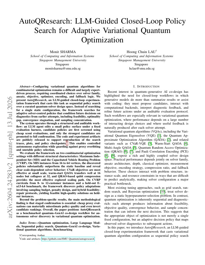 First page of AutoQResearch: LLM-Guided Closed-Loop Policy Search for Adaptive Variational Quantum Optimization