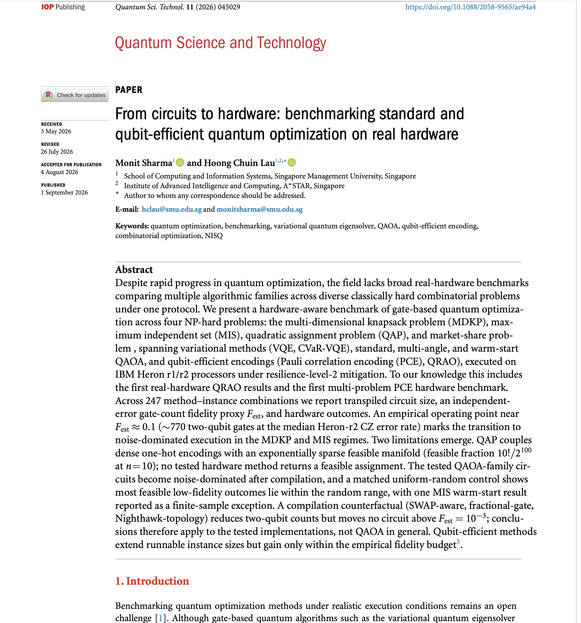 Published first page of From circuits to hardware: benchmarking standard and qubit-efficient quantum optimization on real hardware