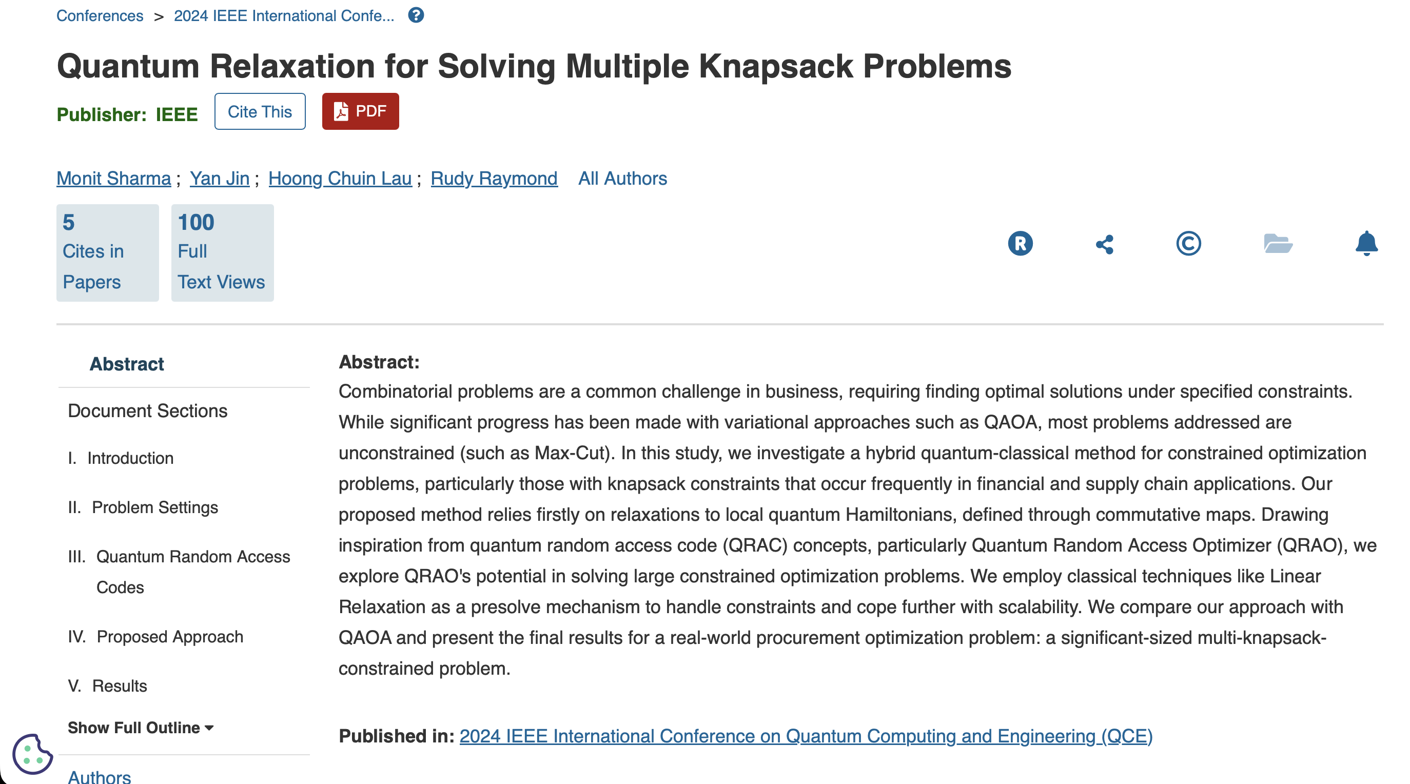 IEEE Xplore article page for Quantum Relaxation for Solving Multiple Knapsack Problems