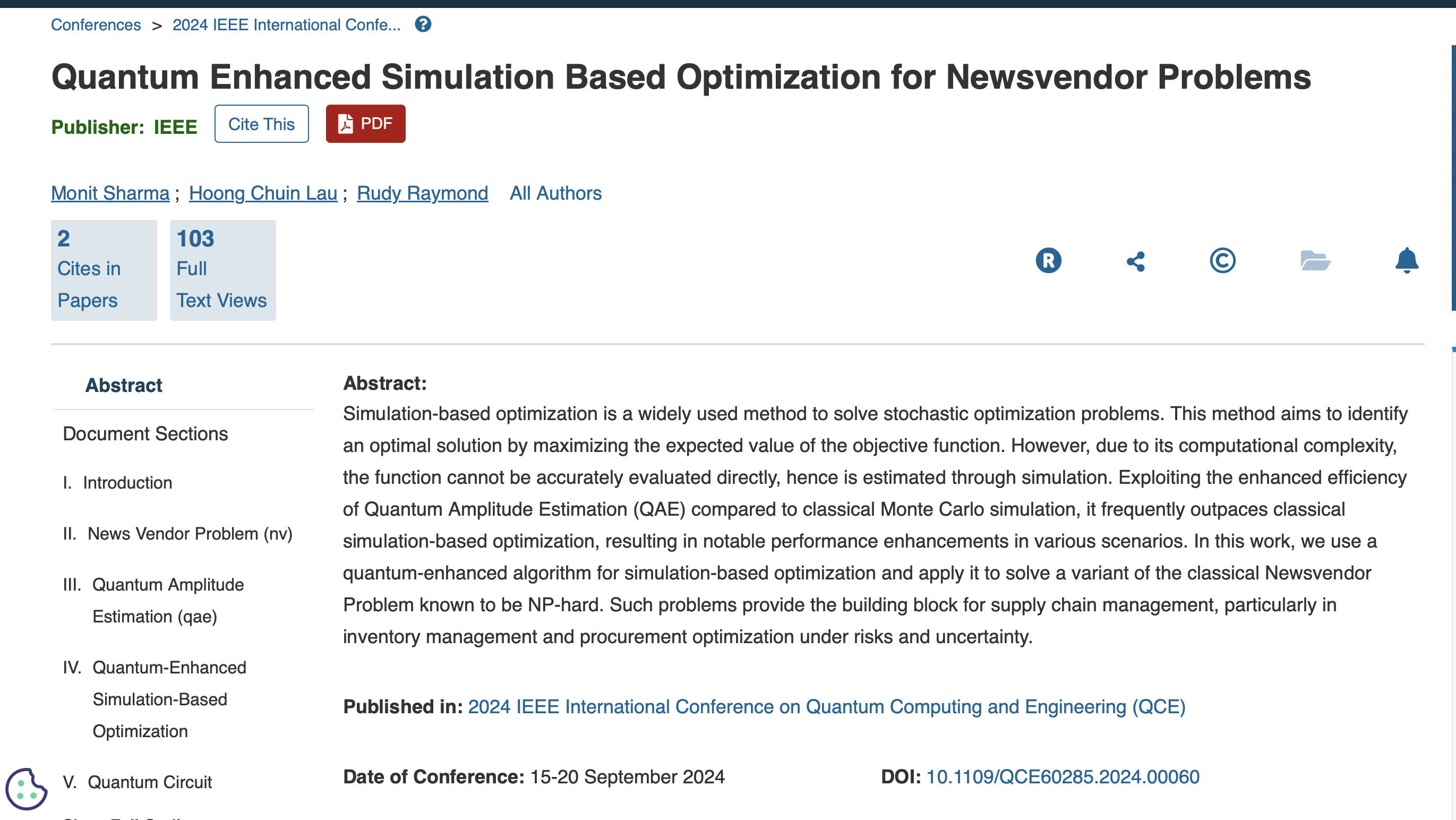 IEEE Xplore article page for Quantum Enhanced Simulation Based Optimization for Newsvendor Problems