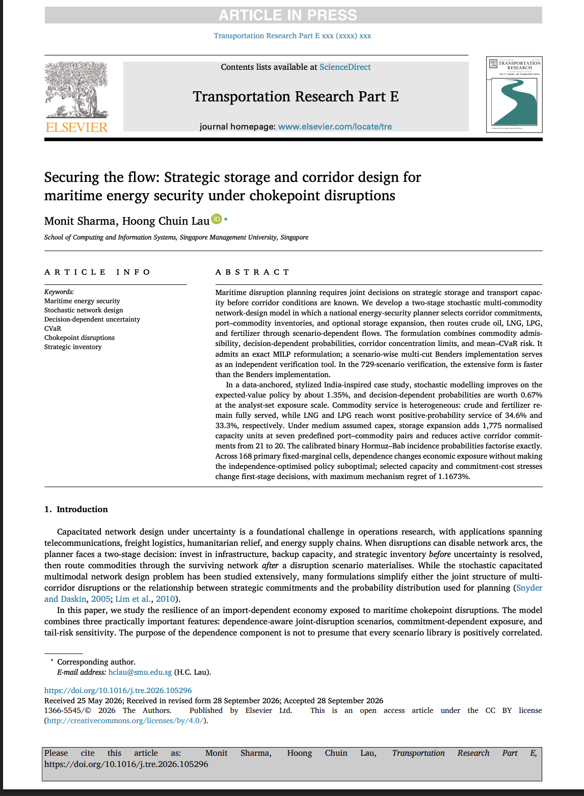 Published first page of Securing the flow: Strategic storage and corridor design for maritime energy security under chokepoint disruptions